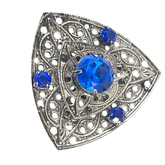 Vintage Silver-Tone Filigree Triangle Brooch With Blue Rhinestones - Picture 2 of 6